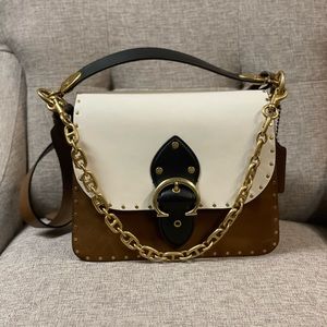 COACH Color Block Mixed Leather with Border Rivets Beat Shoulder Bag